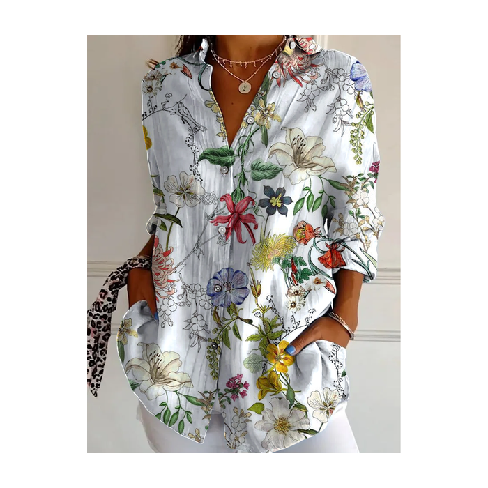 Women Floral Long Sleeve Shirt Spring/Fall Shirt Collar Daily Casual Top