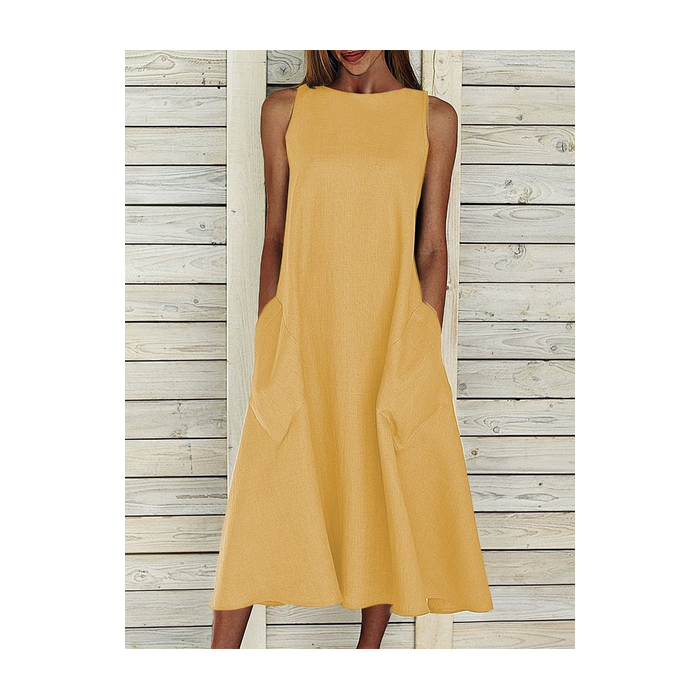 Women Plain Sleeveless Summer Printing Dress Crew Neck Daily Casual Maxi Fit & Flare Dress H-Line Dress