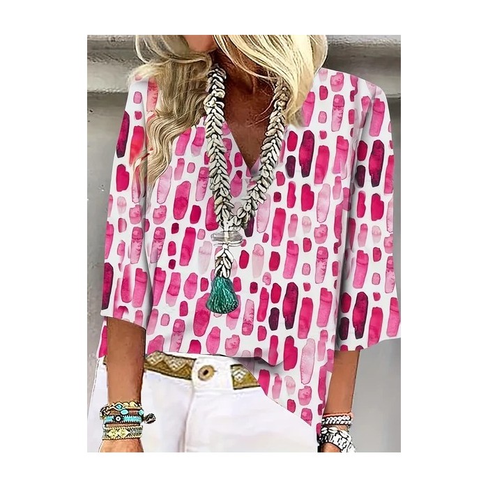 Women Geometric Half Sleeve Blouse Summer Shawl Collar Daily Casual Top