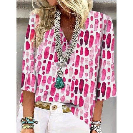 Women Geometric Half Sleeve Blouse Summer Shawl Collar Daily Casual Top
