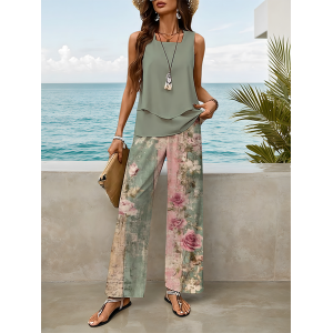 Women Floral Printing Two-Piece Set Daily Sleeveless Casual Summer Top With Pants Matching Set