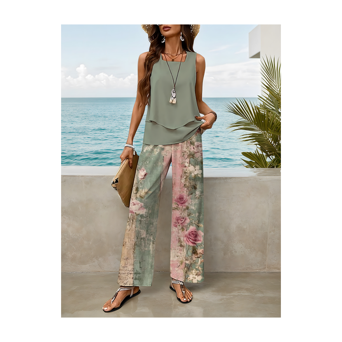 Women Floral Printing Two-Piece Set Daily Sleeveless Casual Summer Top With Pants Matching Set