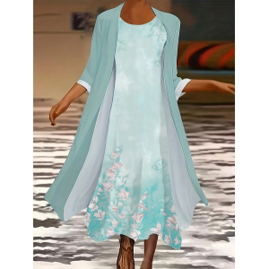 Women Floral Printing Two-Piece Set Daily Three Quarter Sleeve Casual Spring/Fall Dress With Coat Matching Set