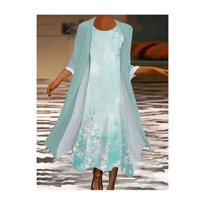 Women Floral Printing Two-Piece Set Daily Three Quarter Sleeve Casual Spring/Fall Dress With Coat Matching Set