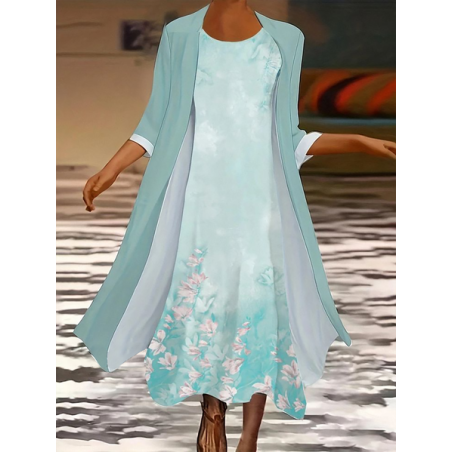 Women Floral Printing Two-Piece Set Daily Three Quarter Sleeve Casual Spring/Fall Dress With Coat Matching Set