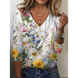Women's Floral Long Sleeve Tee T-shirt V Neck Printing Casual Spring/Fall Graphic Tee Top