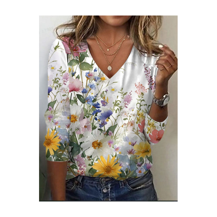 Women's Floral Long Sleeve Tee T-shirt V Neck Printing Casual Spring/Fall Graphic Tee Top