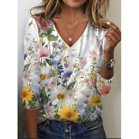Women's Floral Long Sleeve Tee T-shirt V Neck Printing Casual Spring/Fall Graphic Tee Top