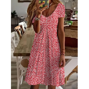 Women's Floral Short Sleeve Summer Printing Dress V Neck Daily Casual Knee Length T-Shirt Dress H-Line Dress