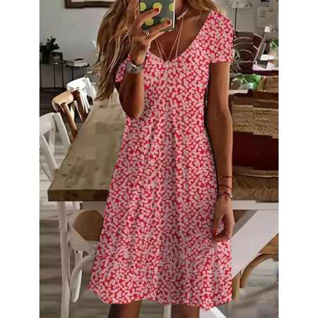 Women's Floral Short Sleeve Summer Printing Dress V Neck Daily Casual Knee Length T-Shirt Dress H-Line Dress