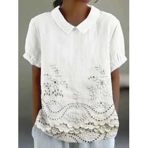 Women Plain Half Sleeve Blouse Summer Shawl Collar Daily Casual Top
