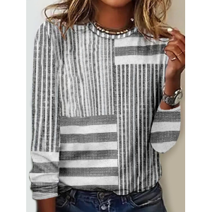 Women Striped Long Sleeve Blouse Spring/Fall Crew Neck Daily Casual Top