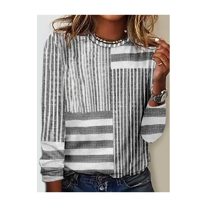 Women Striped Long Sleeve Blouse Spring/Fall Crew Neck Daily Casual Top