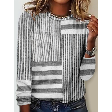 Women Striped Long Sleeve Blouse Spring/Fall Crew Neck Daily Casual Top
