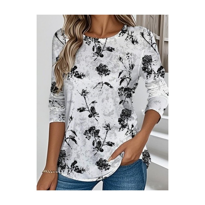 Women Floral Long Sleeve Tee T-shirt Crew Neck Casual Spring/Fall Top