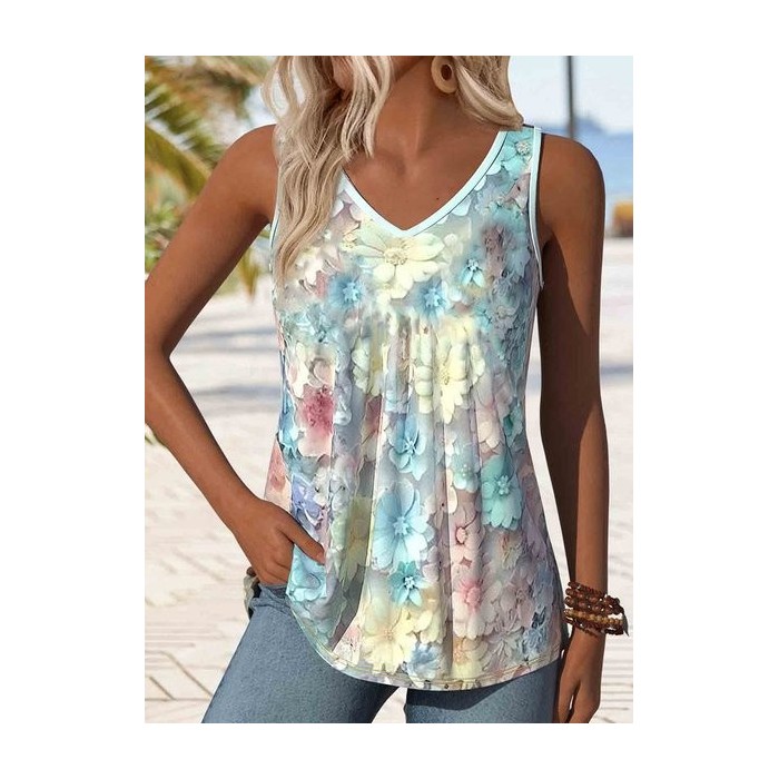 Women Floral Sleeveless Tee T-shirt V Neck Casual Summer Top