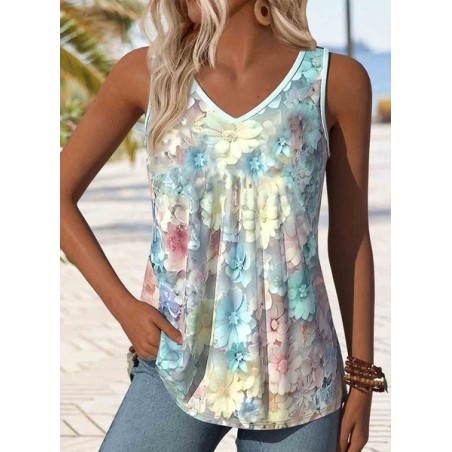 Women Floral Sleeveless Tee T-shirt V Neck Casual Summer Top