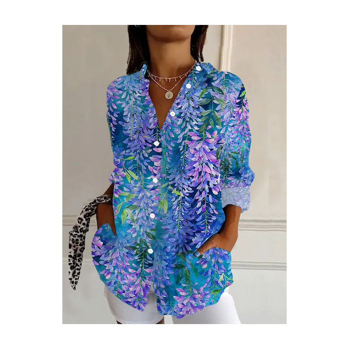 Women Floral Long Sleeve Shirt Spring/Fall Buckle Shirt Collar Daily Casual Top
