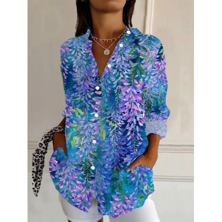 Women Floral Long Sleeve Shirt Spring/Fall Buckle Shirt Collar Daily Casual Top