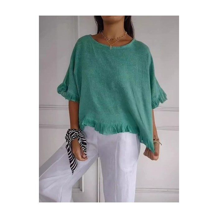 Women Plain Three Quarter Sleeve Tee T-shirt Crew Neck Casual Spring/Fall Top