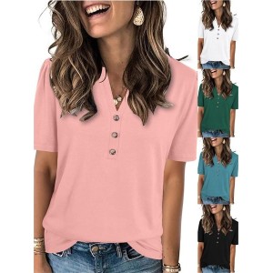 Women Plain Short Sleeve Tee T-shirt V Neck Casual Summer Top