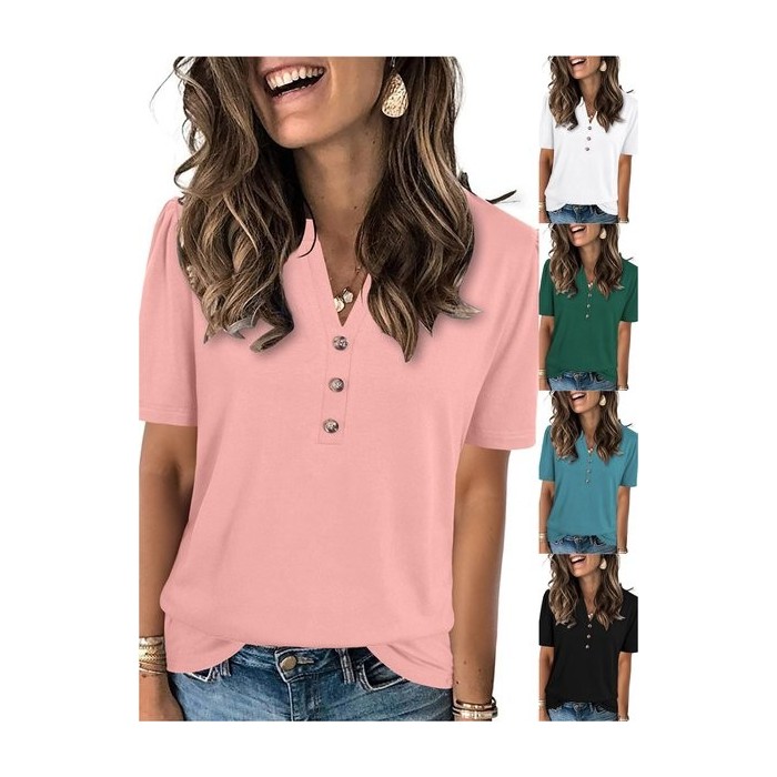Women Plain Short Sleeve Tee T-shirt V Neck Casual Summer Top