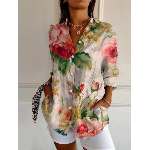 Women Floral Long Sleeve Shirt Spring/Fall Buckle Shirt Collar Daily Casual Top