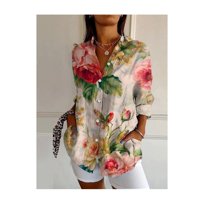 Women Floral Long Sleeve Shirt Spring/Fall Buckle Shirt Collar Daily Casual Top
