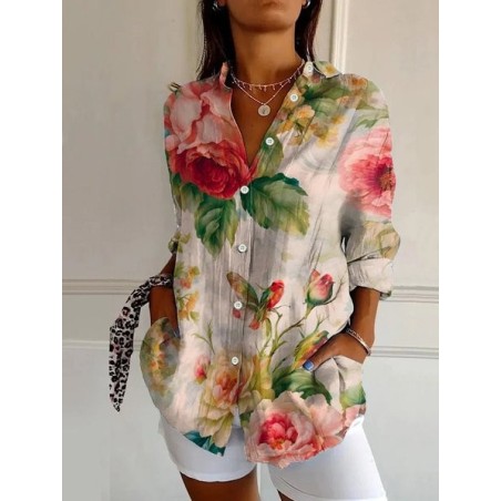 Women Floral Long Sleeve Shirt Spring/Fall Buckle Shirt Collar Daily Casual Top