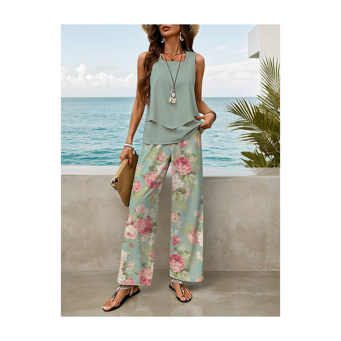 Women Floral Printing Two-Piece Set Daily Sleeveless Casual Summer Top With Pants Matching Set
