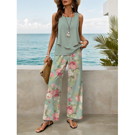 Women Floral Printing Two-Piece Set Daily Sleeveless Casual Summer Top With Pants Matching Set