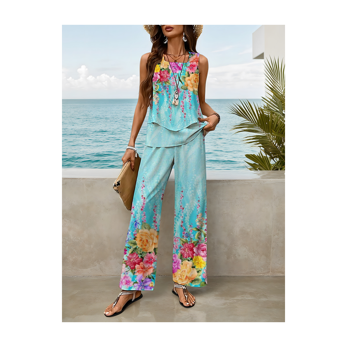 Women Floral Printing Two-Piece Set Daily Sleeveless Casual Summer Top With Pants Matching Set