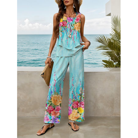 Women Floral Printing Two-Piece Set Daily Sleeveless Casual Summer Top With Pants Matching Set