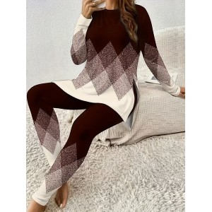 Women's Jersey Geometric Daily Going Out Two Piece Set Long Sleeve Casual Spring/Fall Top With Pants Matching Set