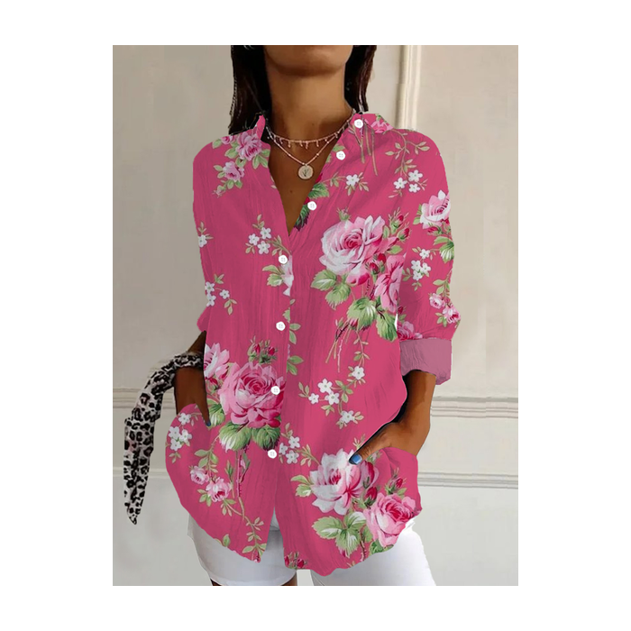 Women's Long Sleeve Shirt Spring/Fall Floral Buckle Shirt Collar Daily Going Out Casual Top