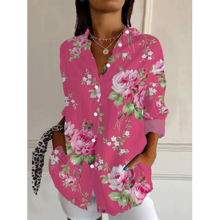 Women's Long Sleeve Shirt Spring/Fall Floral Buckle Shirt Collar Daily Going Out Casual Top