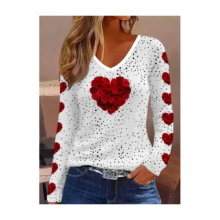 Women's Long Sleeve Tee T-shirt Spring/Fall Polka Dots Printing V Neck Casual Top