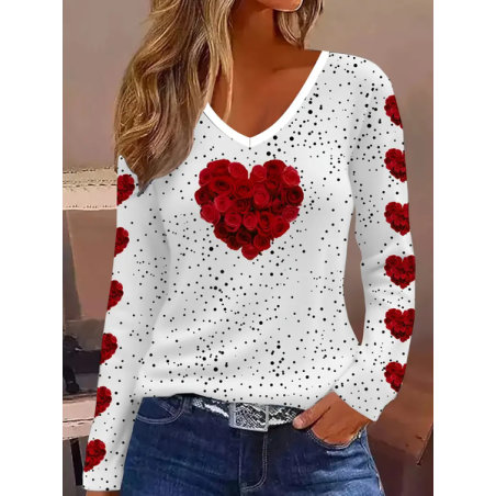 Women's Long Sleeve Tee T-shirt Spring/Fall Polka Dots Printing V Neck Casual Top