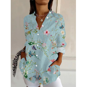 Women's Long Sleeve Shirt Spring/Fall Floral Buckle Shirt Collar Daily Going Out Casual Top
