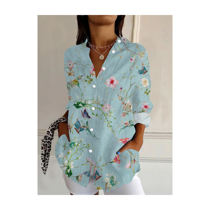 Women's Long Sleeve Shirt Spring/Fall Floral Buckle Shirt Collar Daily Going Out Casual Top