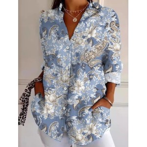 Women's Long Sleeve Shirt Spring/Fall Cashew Flowers Shirt Collar Daily Going Out Casual Top