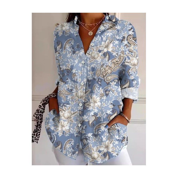 Women's Long Sleeve Shirt Spring/Fall Cashew Flowers Shirt Collar Daily Going Out Casual Top