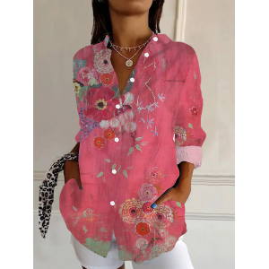Women's Long Sleeve Shirt Spring/Fall Floral Buckle Shirt Collar Daily Going Out Casual Top