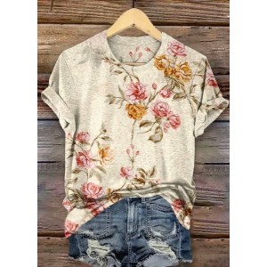 Women's Floral Short Sleeve Tee T-shirt Crew Neck Casual Summer Top