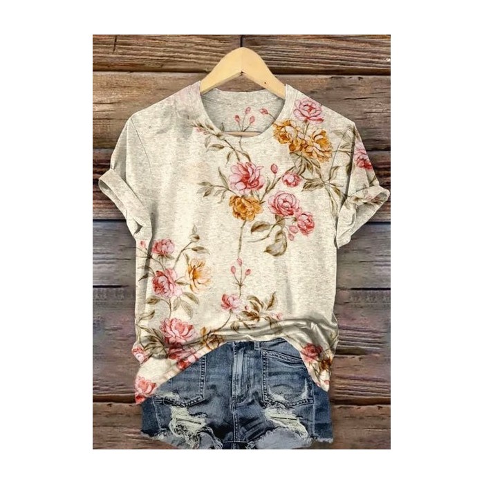 Women's Floral Short Sleeve Tee T-shirt Crew Neck Casual Summer Top