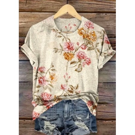 Women's Floral Short Sleeve Tee T-shirt Crew Neck Casual Summer Top