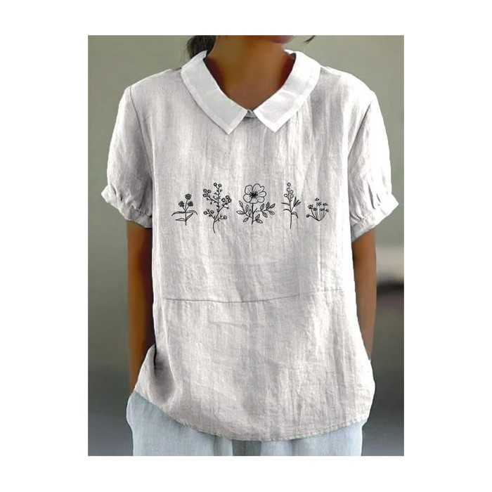Women Floral Half Sleeve Blouse Summer Shawl Collar Daily Casual Top