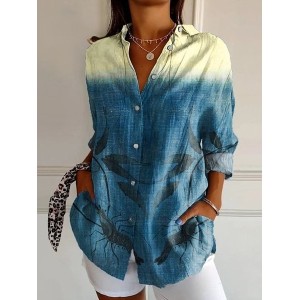 Women Striped Long Sleeve Shirt Spring/Fall Shawl Collar Daily Casual Top