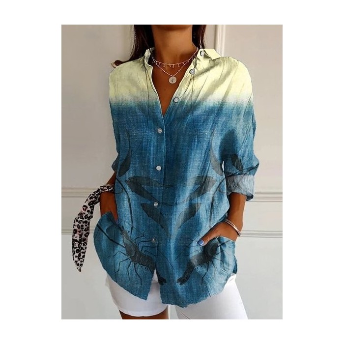 Women Striped Long Sleeve Shirt Spring/Fall Shawl Collar Daily Casual Top