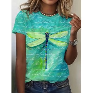 Women Dragonfly Short Sleeve Tee T-shirt Crew Neck Printing Casual Summer Graphic Tee Top